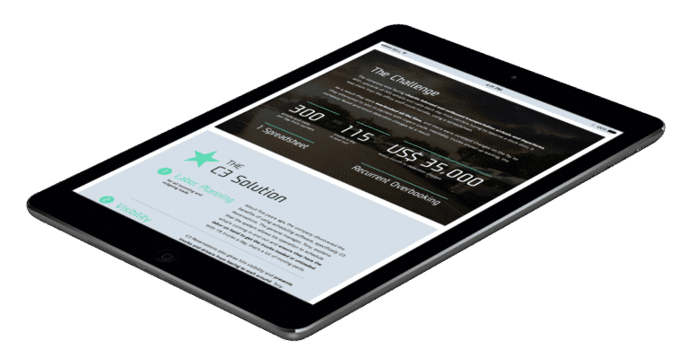 Une tablette noire présentant une étude de cas d'entreprise avec des statistiques, une section intitulée « Le défi » et un résumé de la solution axé sur la planification des quais et la gestion des parcs de manœuvre, le tout sur fond blanc. C3 Solutions