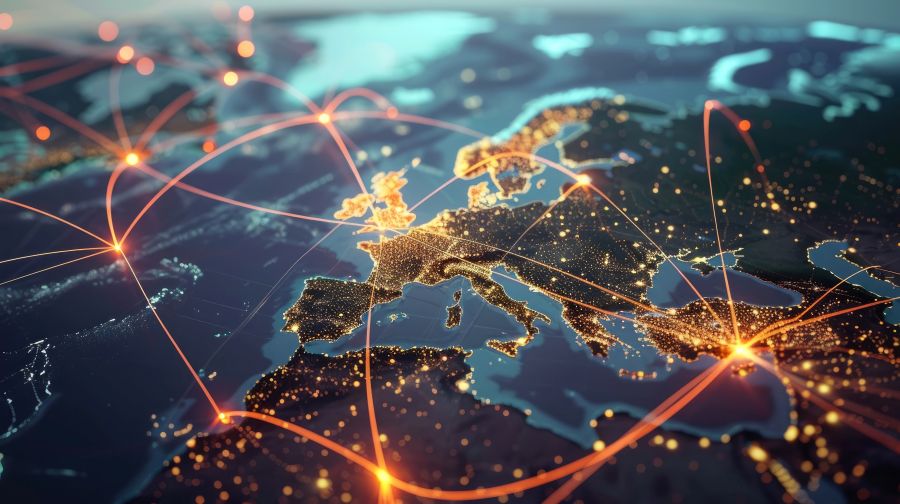 A digital map of Europe at night shows glowing city lights and interconnected orange lines, symbolizing communication or data networks across the continent and highlighting the complexities of modern supply chain integration. C3 Solutions