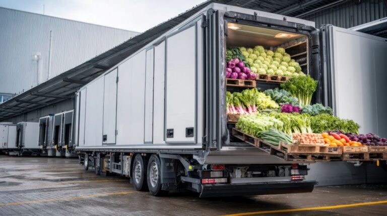 Un camion frigorifique sur un quai de chargement dont les portes arrière sont ouvertes, révélant des palettes empilées de légumes et de produits frais - soulignant l'importance de la visibilité de la cour dans une distribution alimentaire efficace. C3 Solutions
