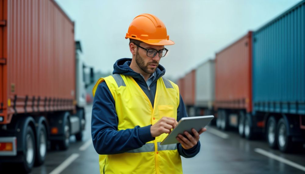 Un homme portant un casque de protection et un gilet de haute visibilité utilise une tablette alors qu'il se trouve dans une cour d'expédition, avec des camions de marchandises et des conteneurs à l'arrière-plan. C3 Solutions