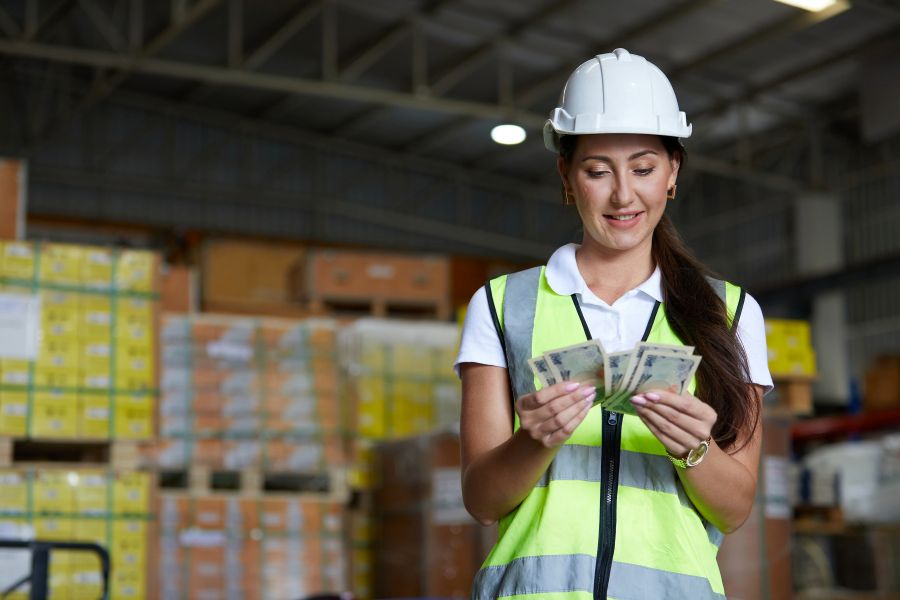 Une femme portant un casque blanc et un gilet de sécurité réfléchissant se tient dans un entrepôt, souriant tout en comptant une pile d'argent. Des étagères contenant des boîtes et des paquets sont visibles à l'arrière-plan. C3 Solutions