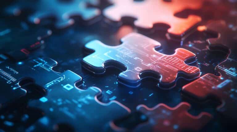 Close-up of interlocking jigsaw puzzle pieces with a digital circuit pattern, illuminated in blue and red light, symbolizing technology, SaaS integrations, connectivity, and problem solving. C3 Solutions