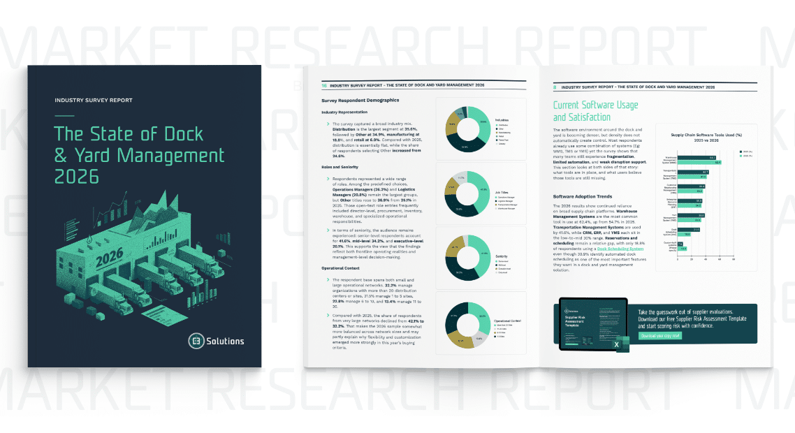 A market research 2026 report titled The State of Dock & Yard Management with a dark cover illustration of loading docks. The open report displays charts, graphs, and survey results on dock management software usage. C3 Solutions