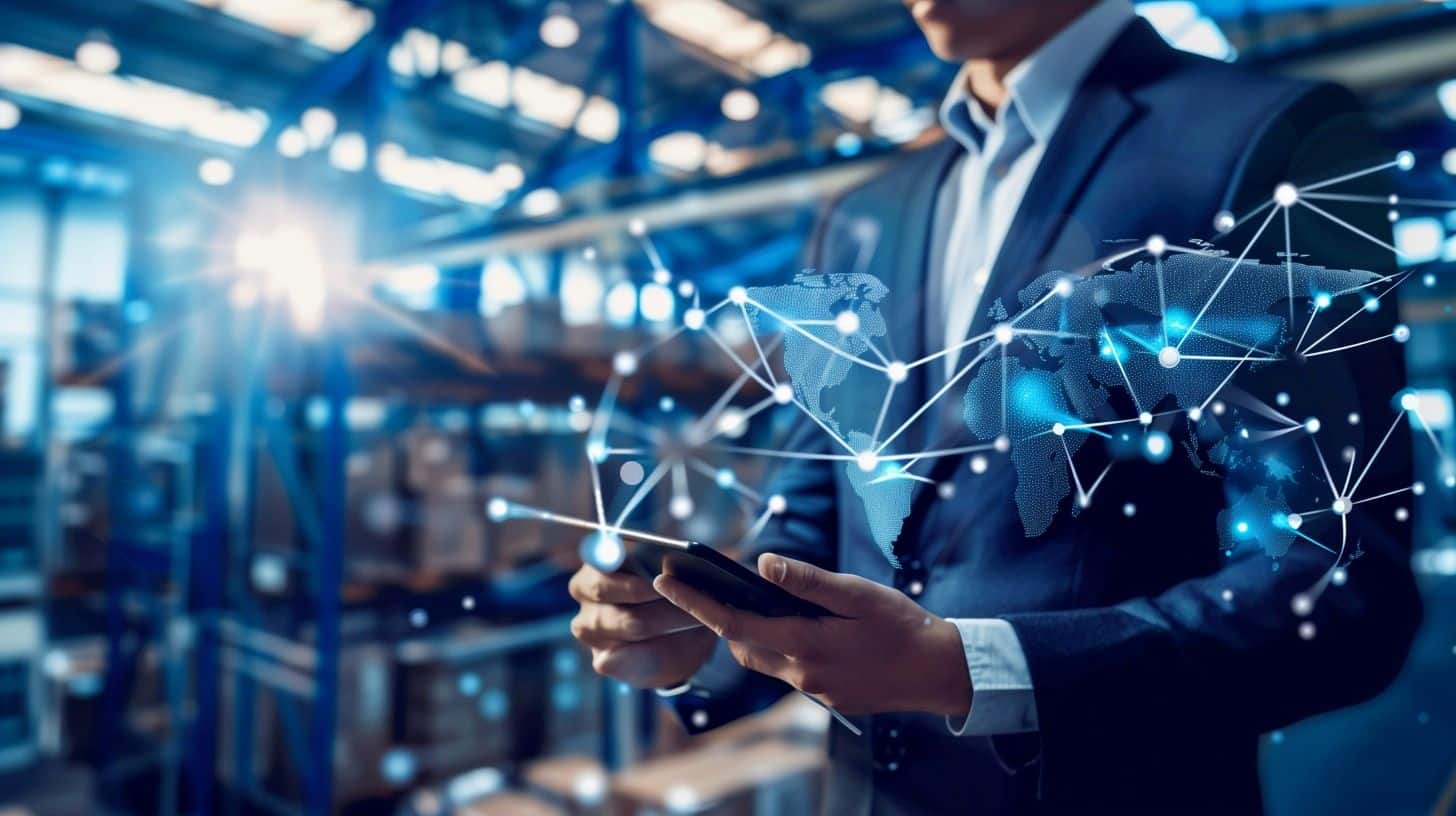 A person in a suit uses a smartphone in a warehouse filled with shelves and boxes, with a digital network and world map overlay highlighting supply chain agility and global logistics powered by advanced technology. C3 Solutions