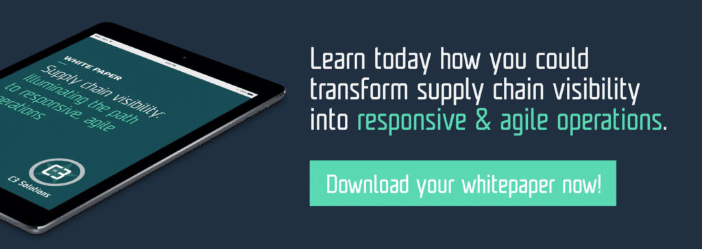 A tablet displays a white paper titled Supply chain visibility: illuminating the path to responsive, agile operations. Next to it, text encourages downloading the whitepaper to improve supply chain agility. C3 Solutions