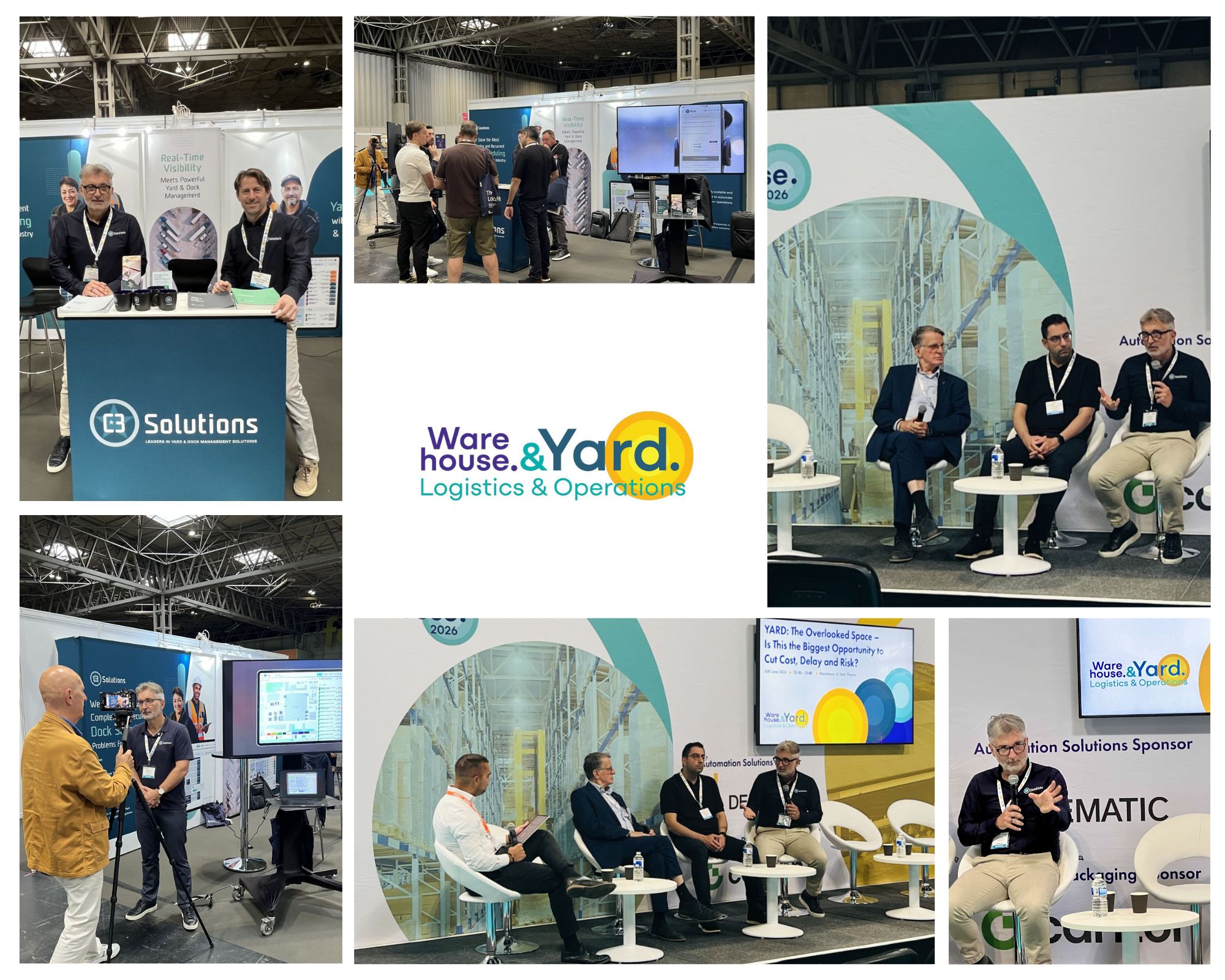 Collage of six photos showing people networking, presenting, and exhibiting at a warehouse and yard logistics event with C3 Solutions branded booths, discussion panels, and interactive displays. Central logo reads “Warehouse & Yard Logistics & Operations.”. C3 Solutions