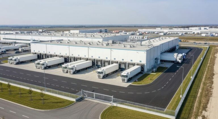 A large distribution center with several white trucks parked at loading docks, supported by efficient carrier management in transportation, surrounded by paved roads and green grass, under a clear sky. C3 Solutions
