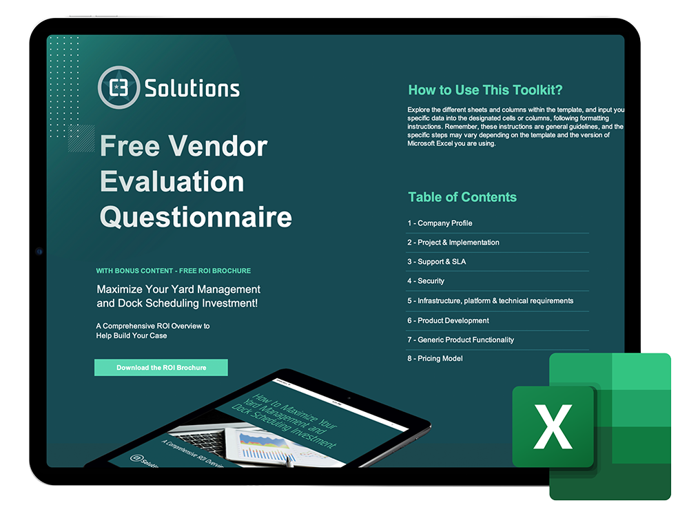 A tablet displays a Free Vendor Evaluation Questionnaire by C3 Solutions, with a table of contents and instructions on the right. An Excel icon is at the bottom right corner, suggesting the toolkit is in Excel format—ideal for businesses assessing dock scheduling software vendors. C3 Solutions