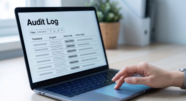 La main d’une personne utilisant un ordinateur portable sur lequel s’affiche un journal d’audit comportant des colonnes indiquant l’horodatage, l’agent IA, le type d’action et les détails de l’action — un outil utile pour la gestion de cour qui permet de tenir des journaux d’audit exhaustifs et d’effectuer des vérifications efficaces de l’état du système. C3 Solutions