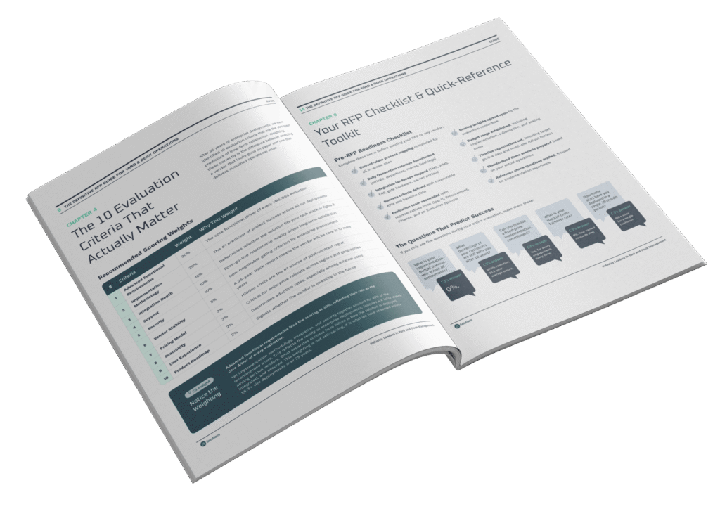 An open magazine displays a checklist on the right page and evaluation criteria in a table on the left page, both related to RFP processes for dock scheduling software, with clean, professional formatting. C3 Solutions