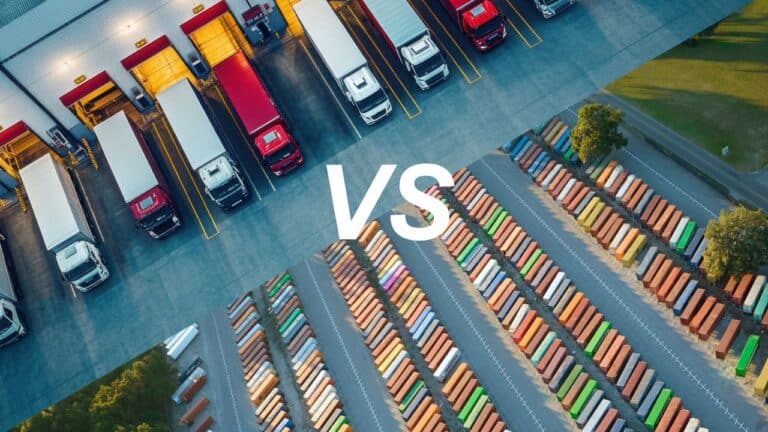 Aerial view of trucks at loading docks on the left, showcasing efficient dock scheduling, and rows of shipping containers in a yard on the right, highlighting effective yard management—both divided by a large VS text in the center to emphasize scale. C3 Solutions