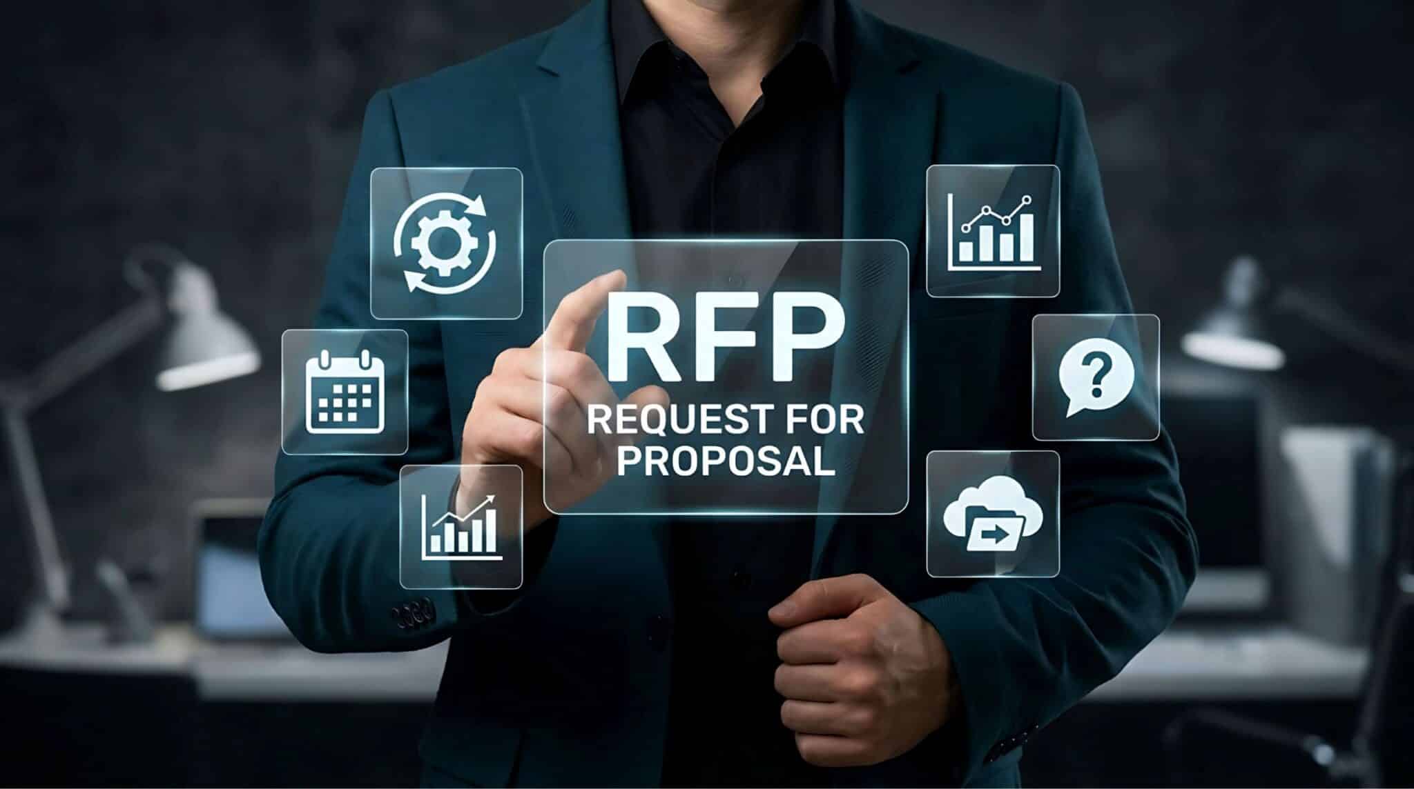 Une personne en costume touche un écran numérique transparent sur lequel s’affiche la mention « RFP » (REQUEST FOR PROPOSAL), entourée d’icônes représentant l’analyse, le calendrier, la croissance, les idées et les questions — soulignant ainsi l’utilisation d’un logiciel de gestion des appels d’offres au cours d’un processus d’appel d’offres —, le tout avec des bureaux en arrière-plan. C3 Solutions