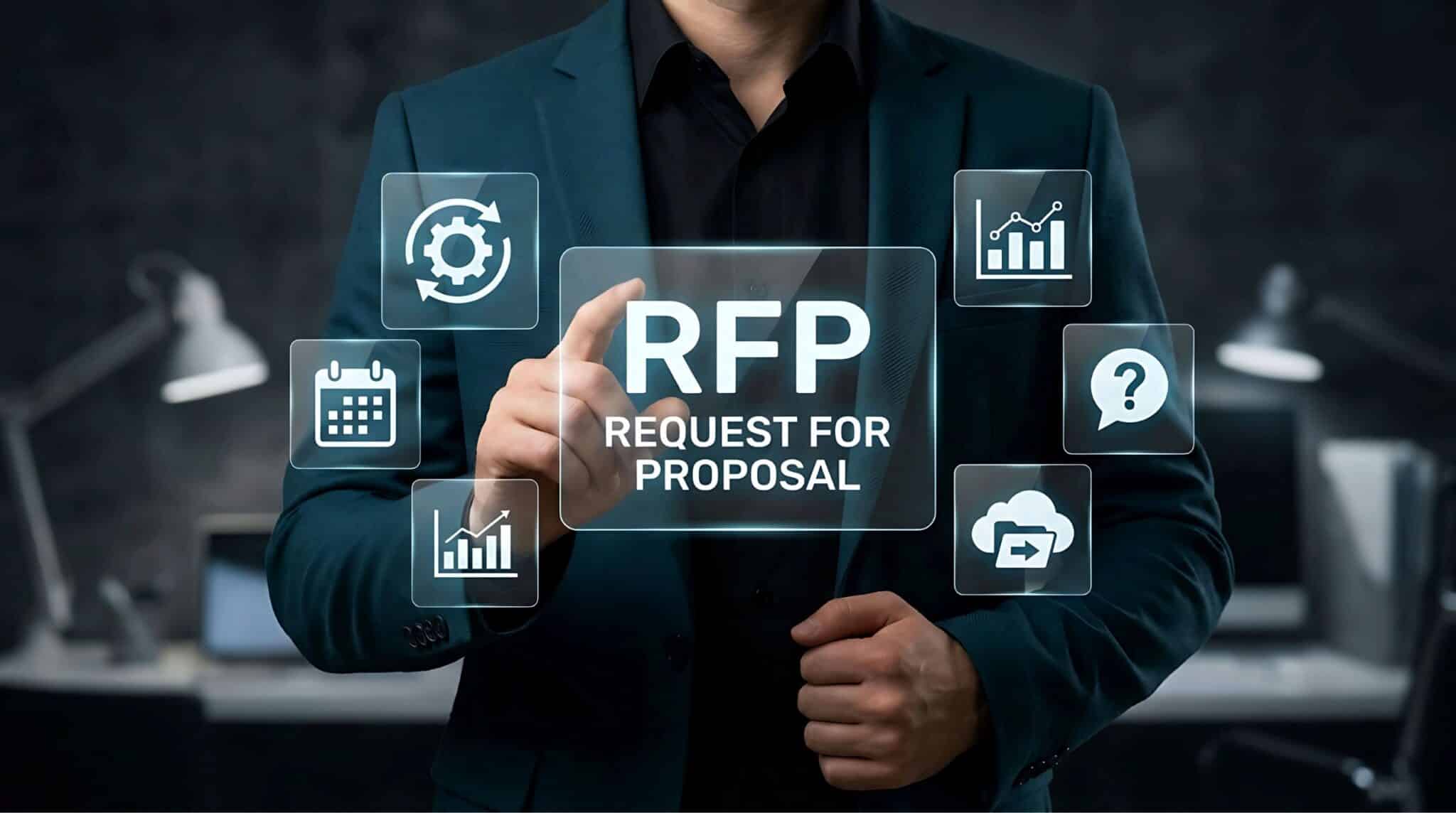 A person in a suit points to a virtual screen that reads RFP REQUEST FOR PROPOSAL, surrounded by icons representing charts, a calendar, gears, and a question mark in an office setting—highlighting the process of evaluating vendor solutions for Yard & Dock Software. C3 Solutions