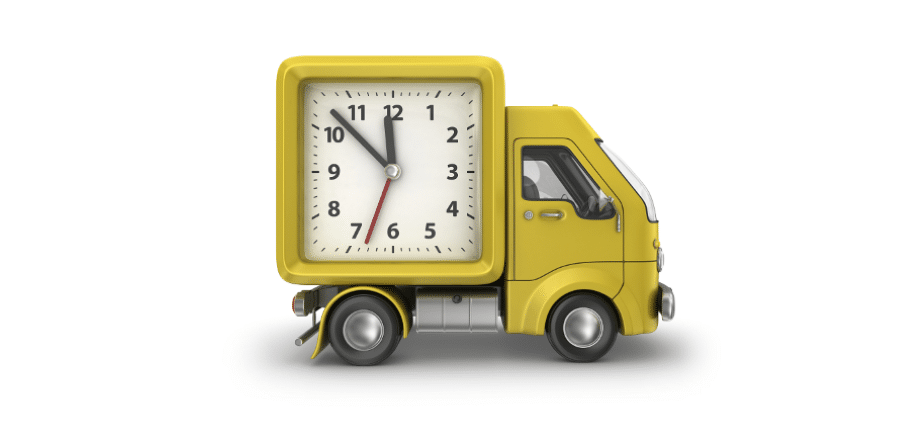 Un camion de livraison jaune dont l'espace de chargement est orné d'une grande horloge analogique indiquant 10 h 10 — une représentation créative des « retards des transporteurs » et d'une « gestion efficace à quai ». L'image est isolée sur fond blanc. C3 Solutions