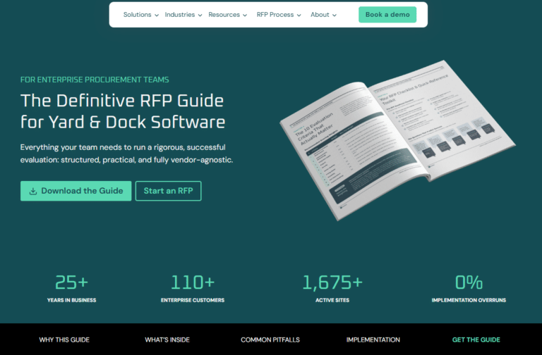 This website page promotes a comprehensive RFP guide for yard and dock management software, featuring an easy download button, insightful statistics, and an image of an open booklet. The clean green and white color scheme provides a fresh and professional look, making it easy to navigate as you explore crucial tips for choosing the right solution. C3 Solutions