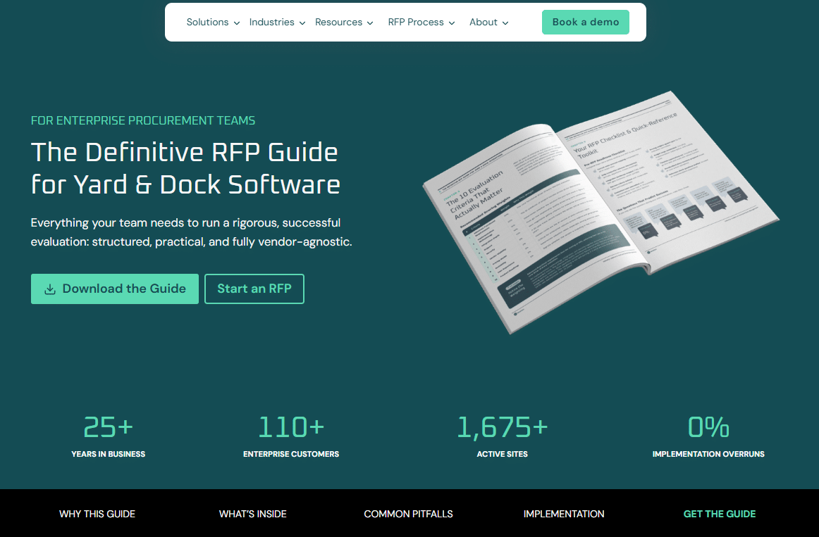 This website page promotes a comprehensive RFP guide for yard and dock management software, featuring an easy download button, insightful statistics, and an image of an open booklet. The clean green and white color scheme provides a fresh and professional look, making it easy to navigate as you explore crucial tips for choosing the right solution. C3 Solutions