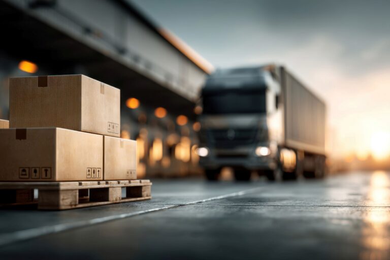 Cardboard boxes stacked on a wooden pallet at a loading dock for supply chain management, with a semi-truck in the background. C3 Solutions