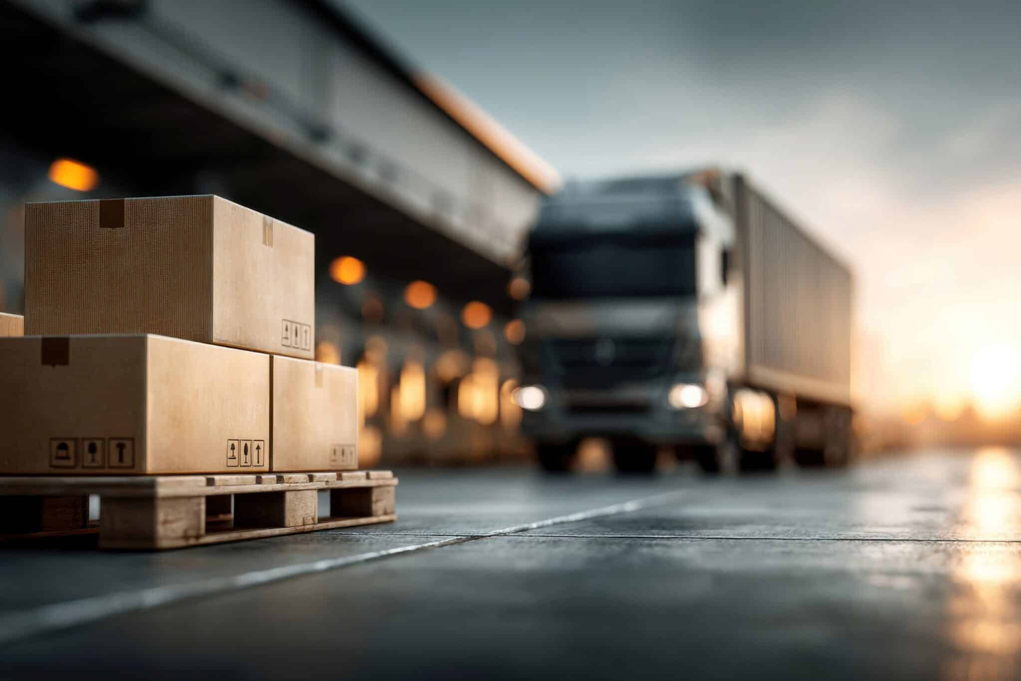 Cardboard boxes stacked on a wooden pallet at a loading dock for supply chain management, with a semi-truck in the background. C3 Solutions