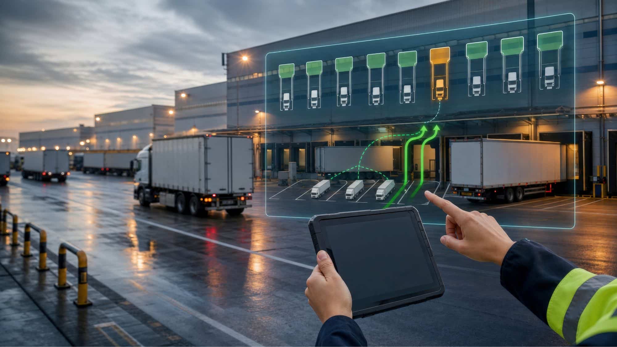 A worker uses a tablet to coordinate supply chain logistics by pointing to a specific parking bay on a digital map of a truck loading dock. C3 Solutions
