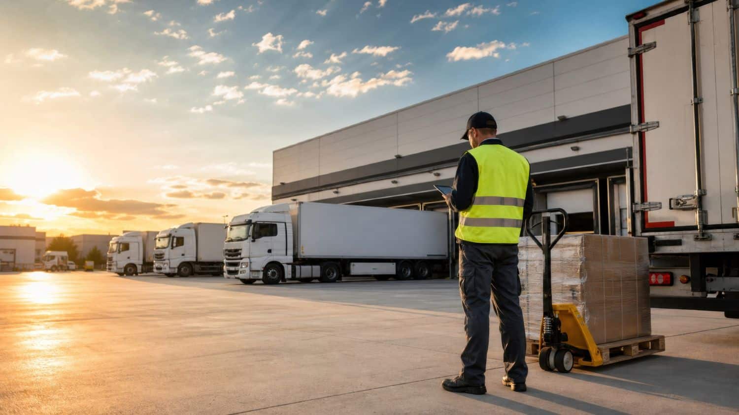 A logistics worker in a high-visibility vest uses a tablet for dock scheduling while standing near a pallet of goods and parked semi-trucks at sunset. C3 Solutions