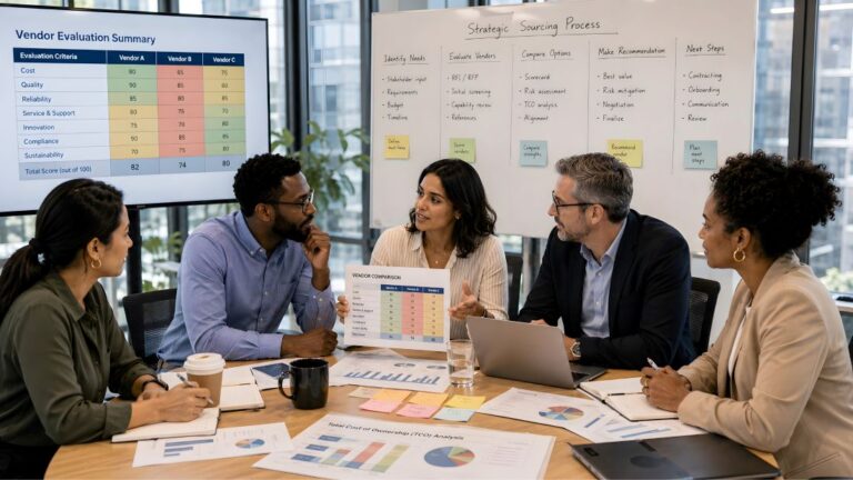 Cinq professionnels de l’équipe chargée des appels d’offres sont réunis autour d’une table, des graphiques à la main, et discutent des données relatives à l’évaluation des fournisseurs. Derrière eux, un tableau blanc affiche des notes sur l’approvisionnement stratégique et les prochaines étapes. C3 Solutions