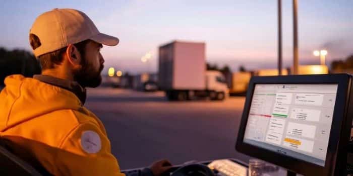 A warehouse worker in a yellow hoodie and baseball cap reviews a logistics software dashboard in a trucking yard at sunset to track yard management. C3 Solutions