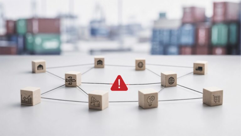 Wooden blocks with logistics and supply chain icons arranged in a circular network, featuring a red warning exclamation mark in the center to highlight supply chain risk. C3 Solutions